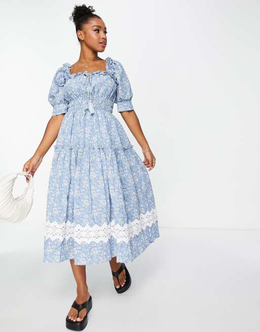 Just Me puff sleeve ruffle lace hem midi dress in blue ASOS