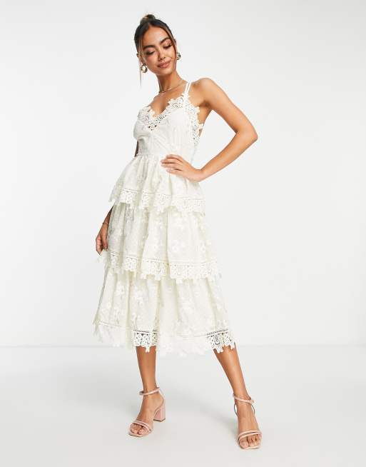 Just Me - Robe mi-longue en dentelle à volants et fines bretelles - Crème