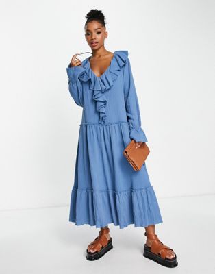 Just Me ruffle front midi smock dress in blue - ASOS Price Checker