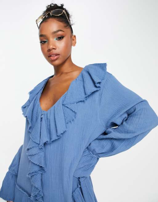 Just Me ruffle front midi smock dress in blue ASOS