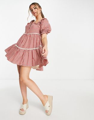 Just Me square neck tiered smock mini dress in red gingham - ASOS Price Checker