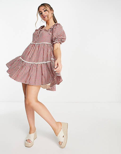 Just Me square neck tiered smock mini dress in red gingham