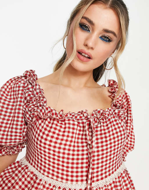 Just Me square neck tiered smock mini dress in red gingham