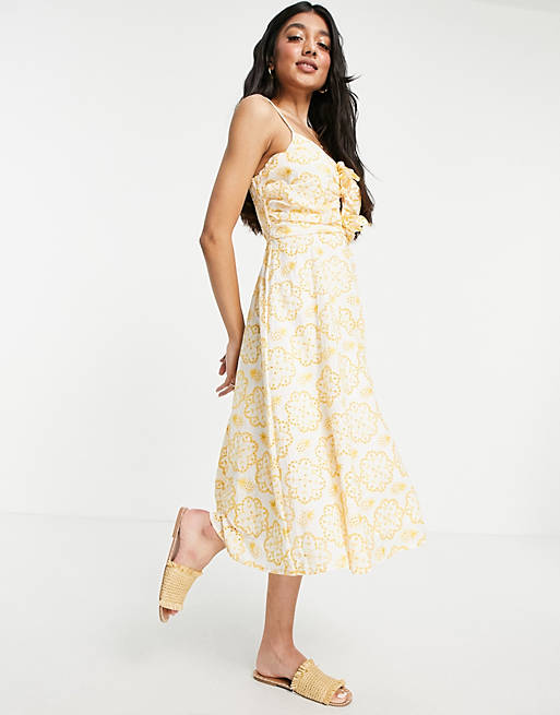 Just Me tie front cami strap midi dress in yellow
