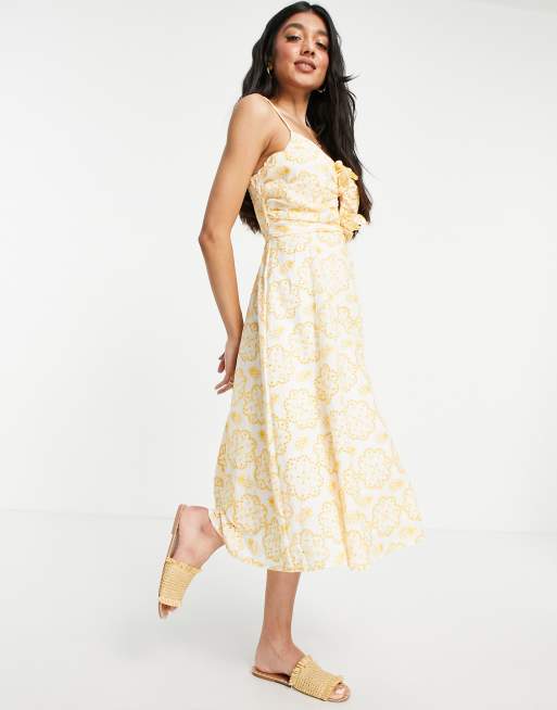 Just Me tie front cami strap midi dress in yellow | ASOS