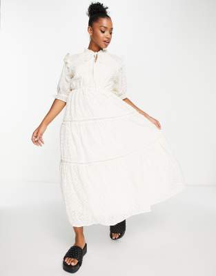 smocked tiered midi dress in ivory