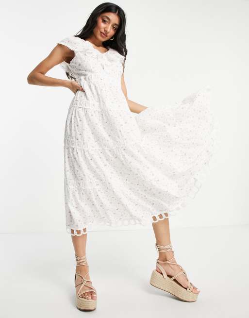 Just Me tiered midi dress with frill neckline in off white | ASOS