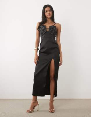 Jw Pei 3d Floral Appliques Thigh-high Side Slit Maxi Dress In Black