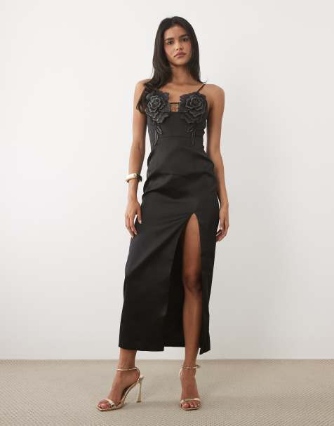 JW PEI 3D floral appliques thigh-high side slit maxi dress in black - view 1