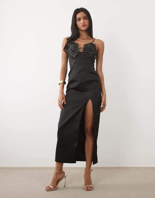 JW PEI 3D floral appliques thigh-high side slit maxi dress in