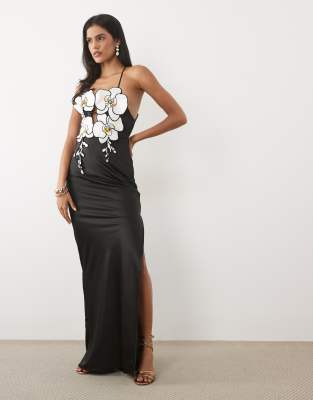 Jw Pei 3d Orchid Embroidered Halter Neck Maxi Dress In Black