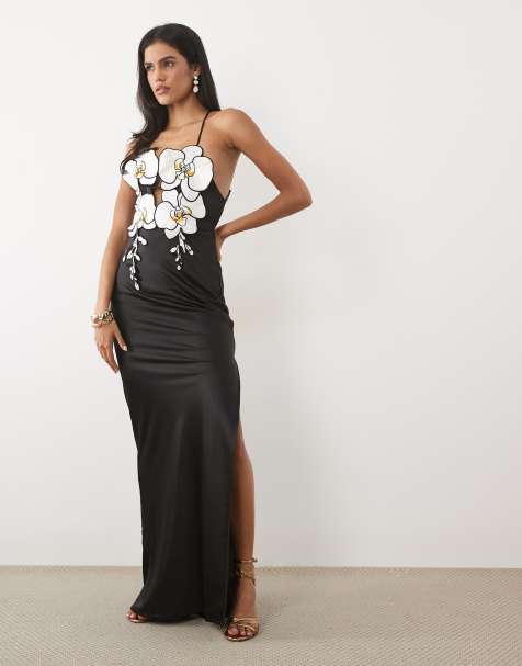 JW PEI 3D orchid embroidered halter neck maxi dress in black - view 1