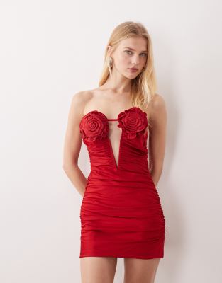 Jw Pei Bandeau Corsage Applique Bust Detail Plunge Cut Out Ruched Mini Dress In Red