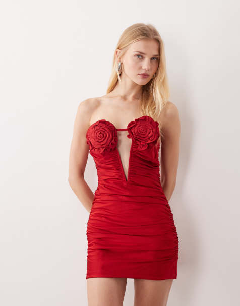 JW PEI bandeau corsage applique bust detail plunge cut out ruched mini dress in red 
