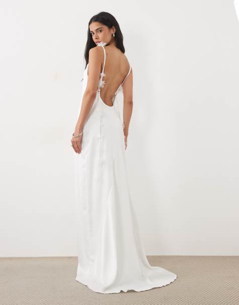 JW PEI Bridal – Biała satynowa sukienka maxi z drapowaniem i odkrytymi plecami w kwiatowy wzór, część zestawu - view 1