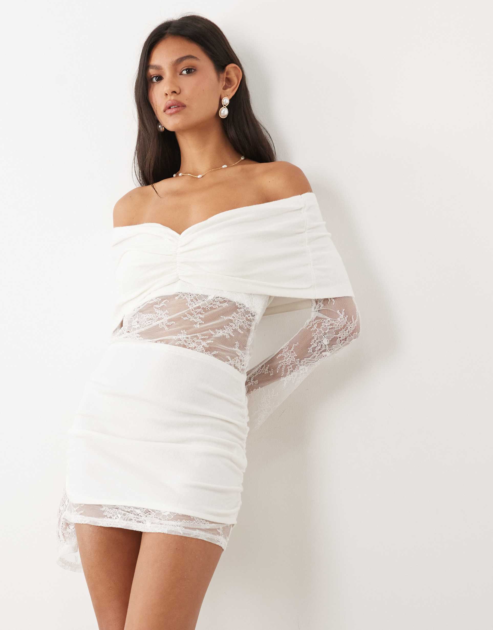 jw pei bridal knit draped off-shoulder lace insert mini dress in white