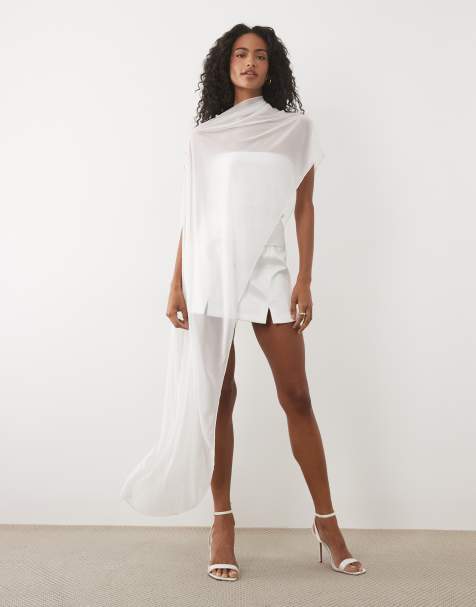 JW PEI Bridal mesh asymmetric button back cape in white - part of a set - view 1