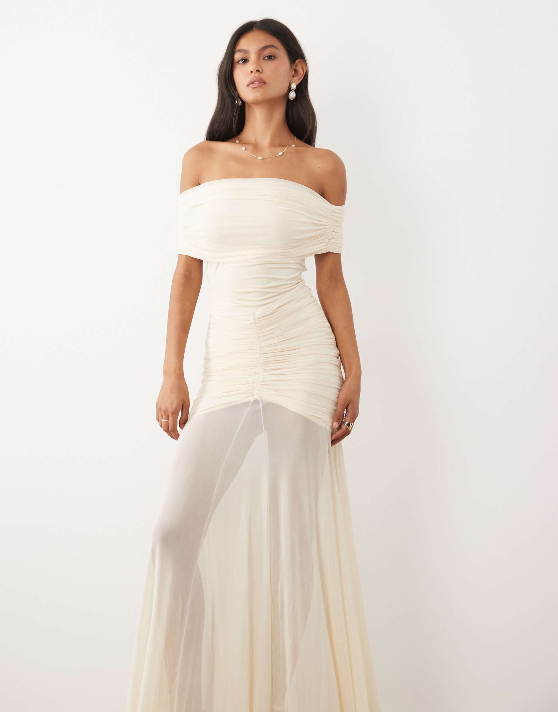 jw pei bridal mesh ruched off-shoulder sheer drop hem maxi dress in cream