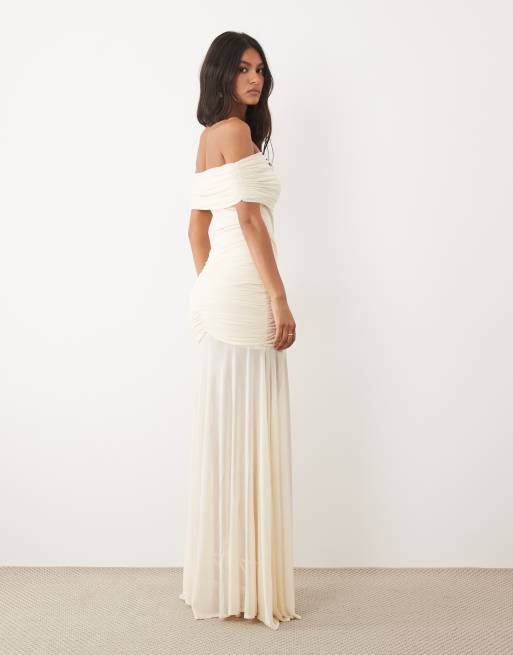 JW PEI Bridal mesh ruched off shoulder sheer drop hem maxi dress in cream, 4 of 4