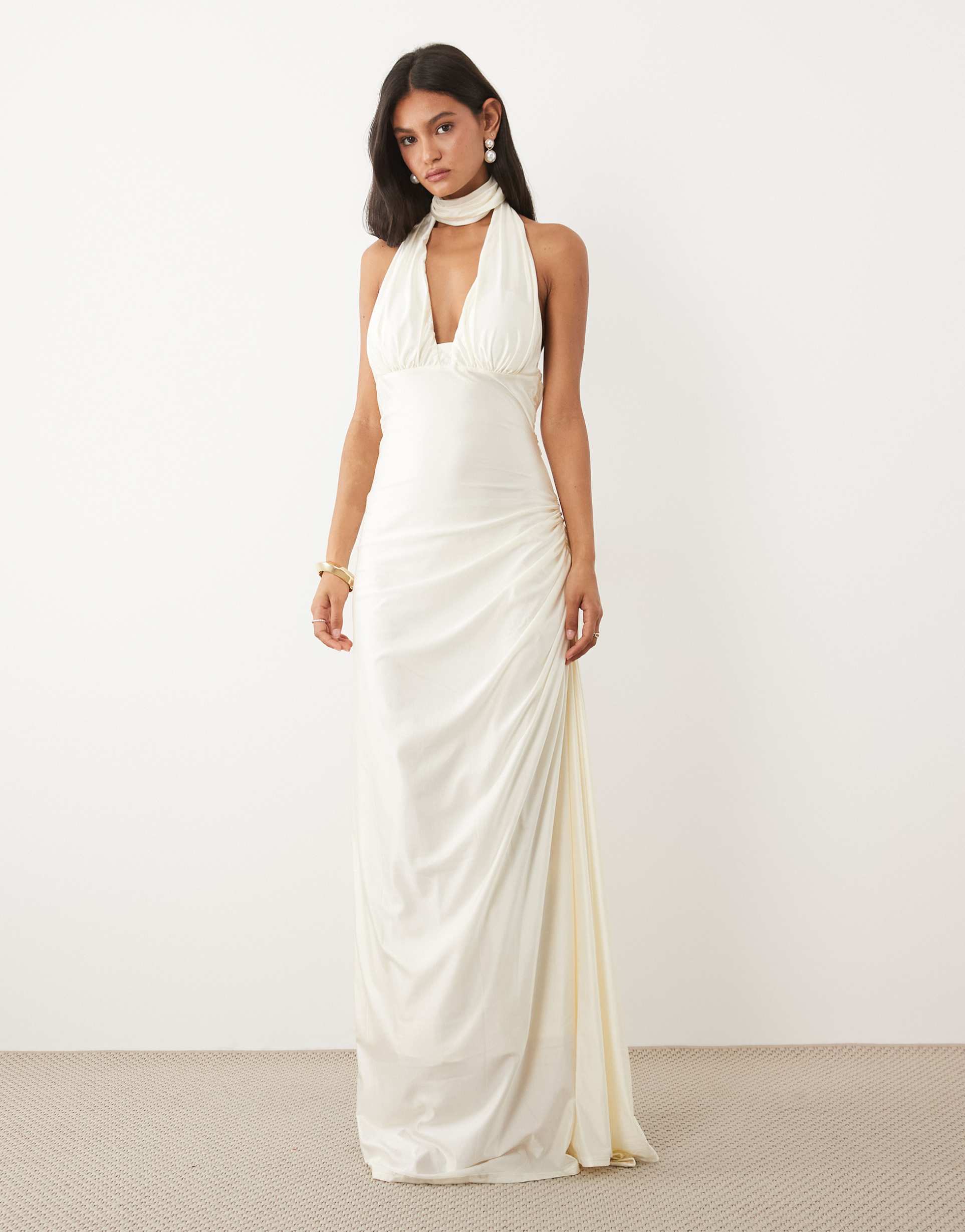 jw pei bridal premium slinky choker detail plunge neck side drape maxi dress in ivory