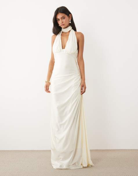 JW PEI Bridal premium slinky choker detail plunge neck side drape maxi dress in ivory