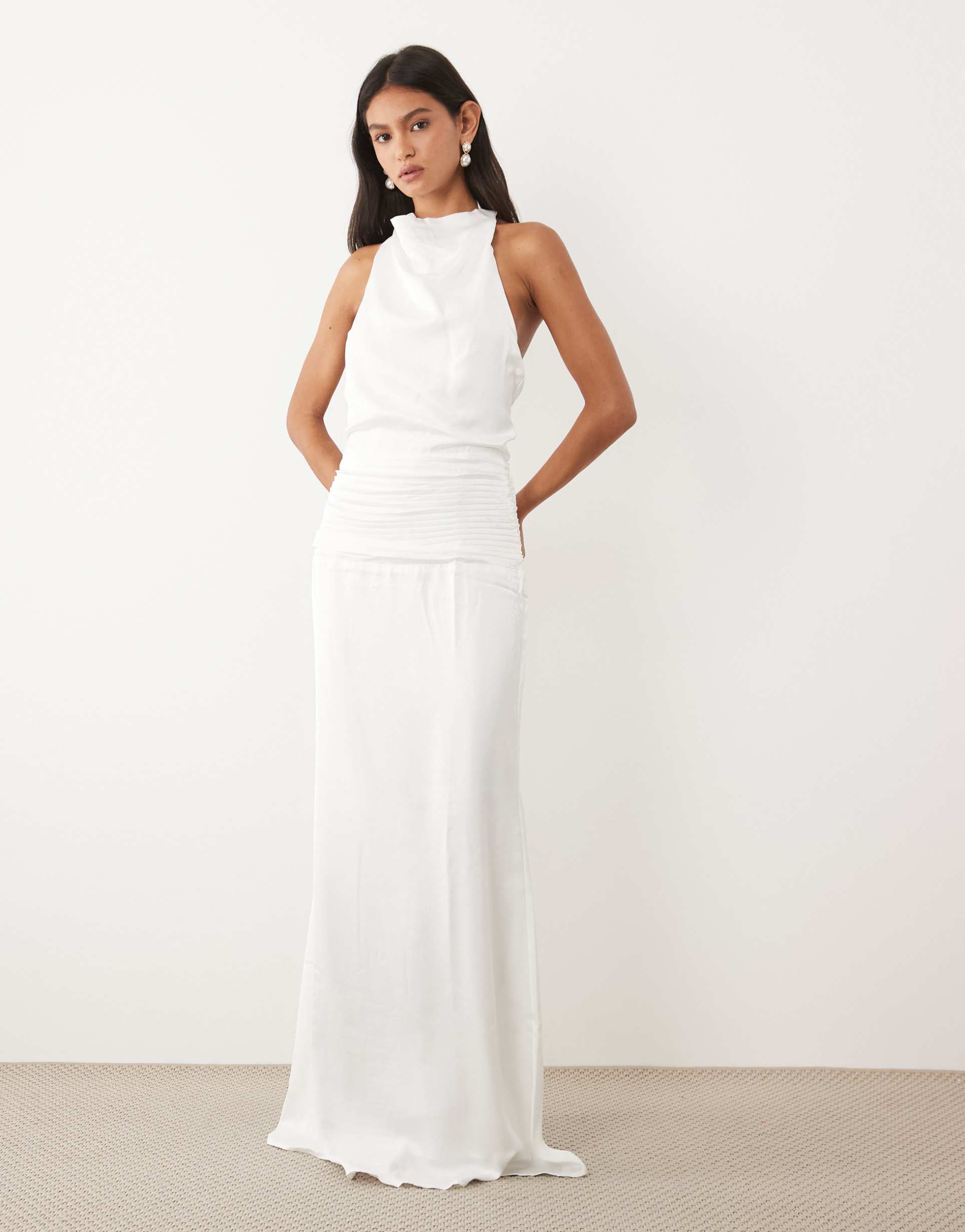 jw pei bridal satin cowl neck backless drape detail maxi dress in white
