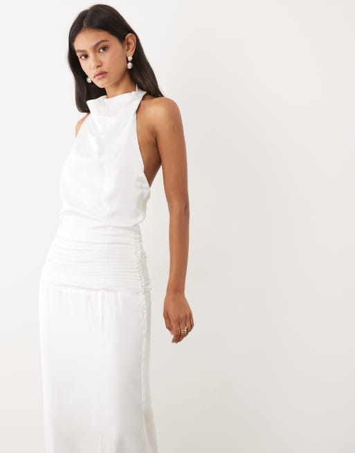 JW PEI Bridal satin cowl neck backless drape detail maxi dress in white, 2 of 4