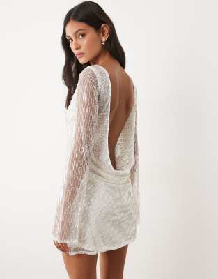 JW PEI Bridal sequin slash neck low cowl back mini dress in white