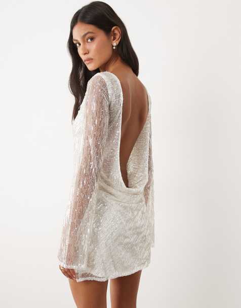 JW PEI Bridal sequin slash neck low cowl back mini dress in white