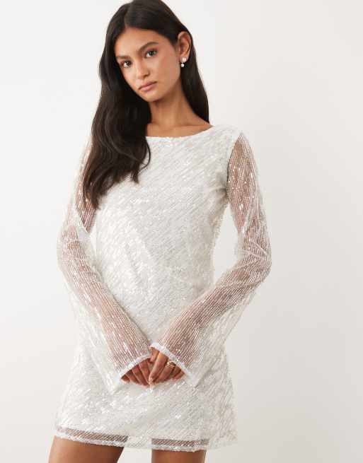 JW PEI Bridal sequin slash neck low cowl back mini dress in white, 4 of 4