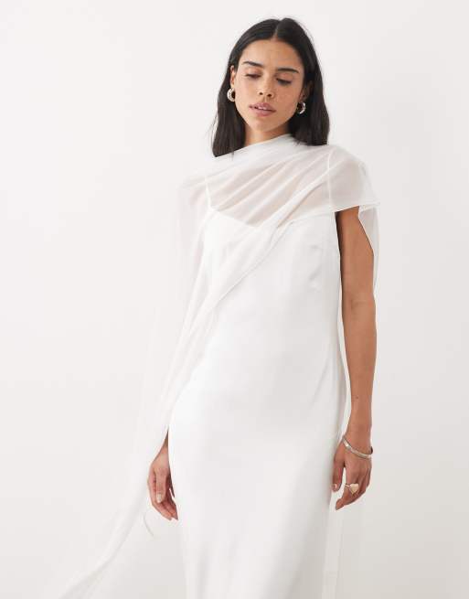 JW PEI bruids mesh asymmetrische cape co-ord met knoopsluiting op de rug in wit, 2 van 4