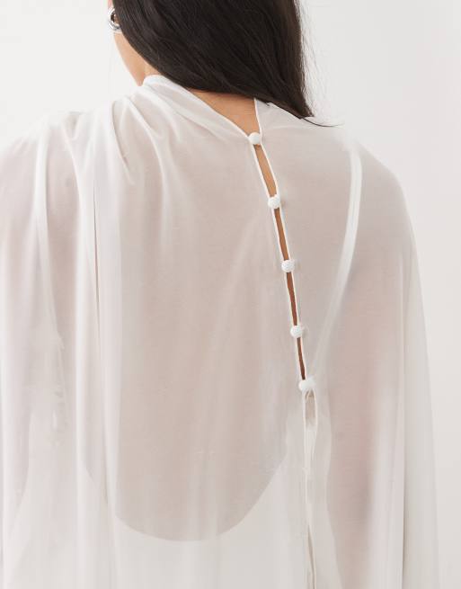 JW PEI - conjunto de novia de malla asimétrico con botones en la espalda y capa en blanco, 3 de 4