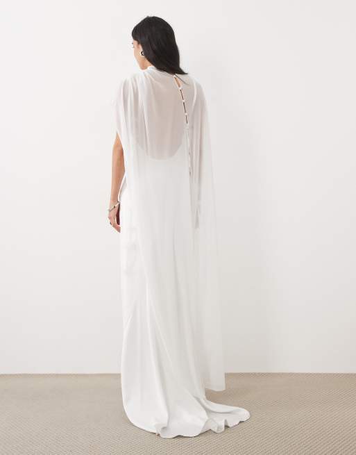 JW PEI - conjunto de novia de malla asimétrico con botones en la espalda y capa en blanco, 4 de 4