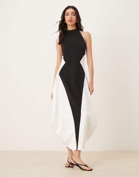 JW PEI cotton racer halter neck panel detail volume hem maxi dress in mono  - view 1