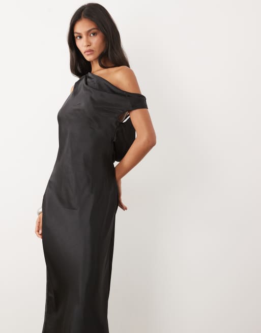 JW PEI – Drapiertes, asymmetrisches Maxikleid aus Satin in Schwarz mit One-Shoulder-Träger , 2 von 4