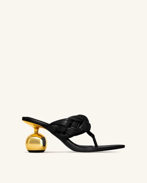 JW PEI Ellie braided orb heel thong mule heels in black - view 1