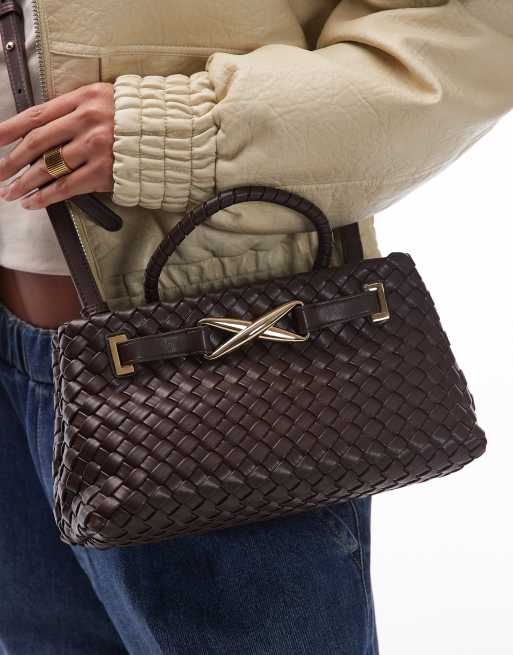 JW PEI Elora woven top handle tote bag with hardware detail in dark brown , 2 of 4