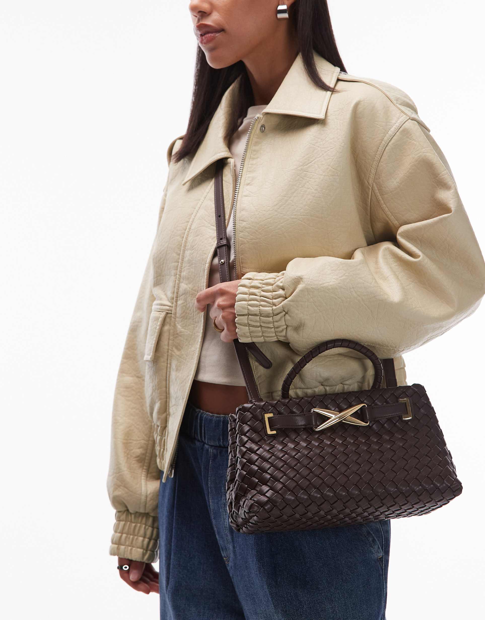 jw pei elora woven top-handle tote bag with hardware detailing in dark brown