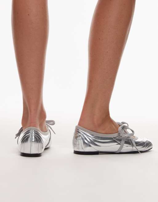 JW PEI Erika topstitching lace up ballet flats in silver