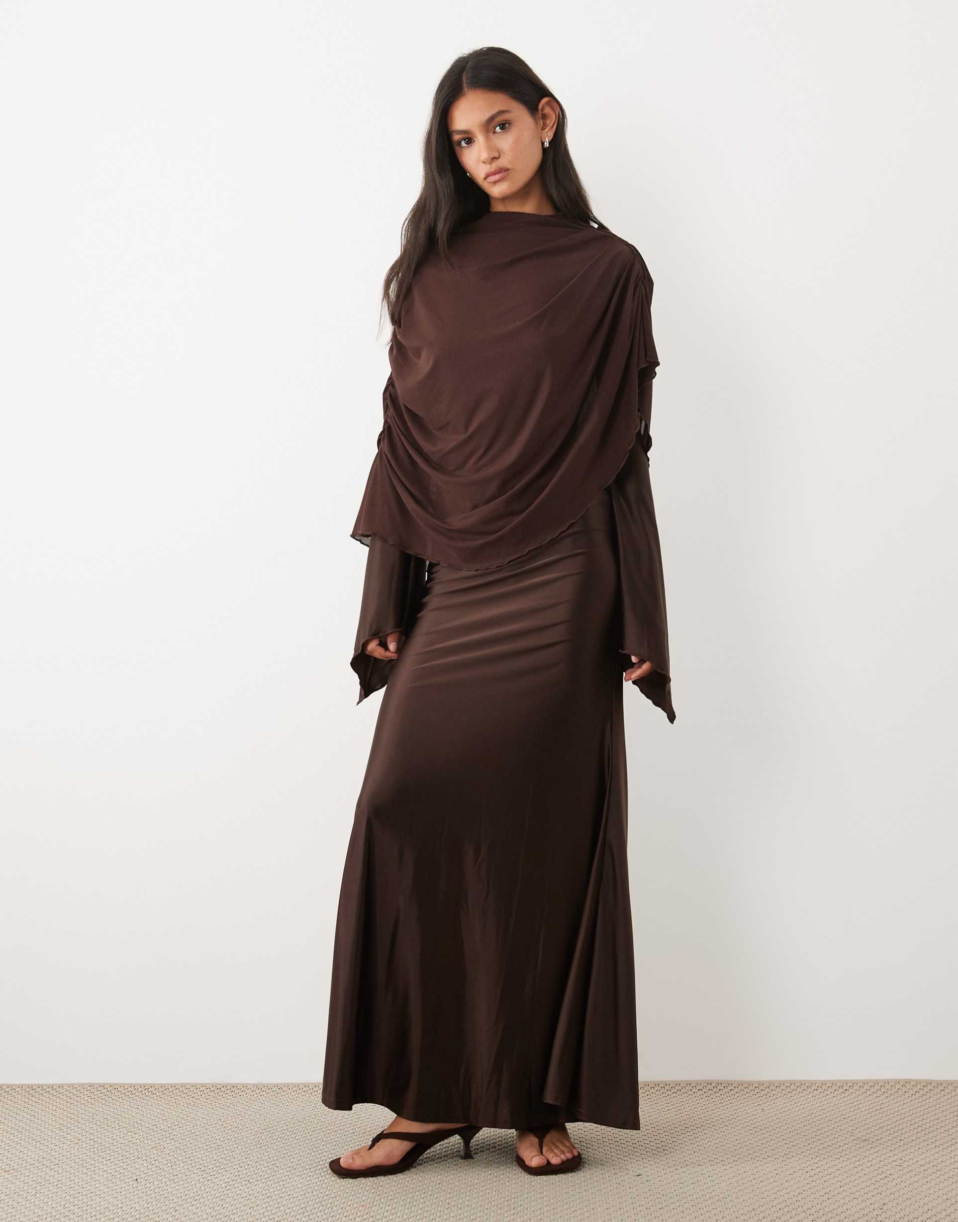 jw pei exclusive mesh high neck shawl detail maxi dress in chocolate