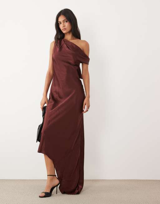 burgundy satin one shoulder dress KissProm