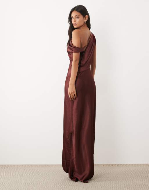 burgundy one shoulder maxi dress Burgundy One Shoulder Ruched Mesh Maxi Dress - Wisteria