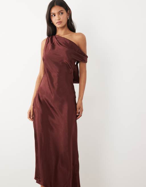 JW PEI exclusive satin draped one shoulder asymmetric satin maxi dress in burgundy, 3 of 4
