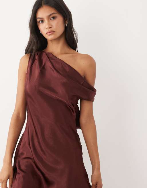 burgundy satin one shoulder dress Burgundy Satin One-Shoulder Maxi Dress | Womens | Medium (Available in L) | 100% Polyester | Lulus | Holiday Dresses