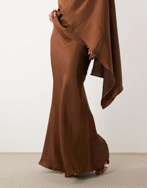 JW PEI exclusive satin maxi slip skirt co-ord in chocolate, 2 of 5