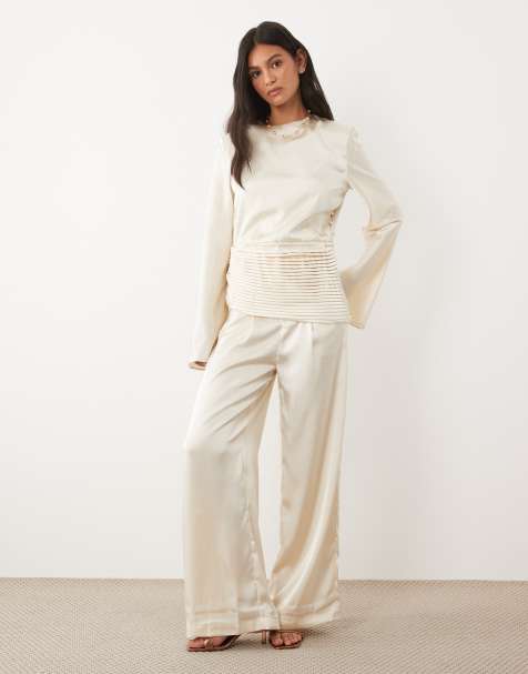 JW PEI exclusive satin top, trouser and skirt mix and match co-ord in cream - view 1