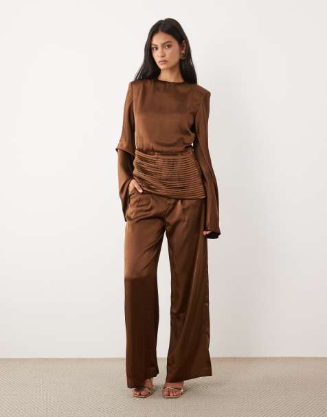 JW PEI Exclusive satin wide leg pants in chocolate - part of a set - view 1