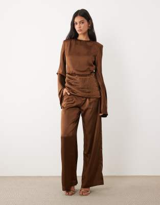 JW PEI Exclusive satin wide leg trouser co-ord in chocolate