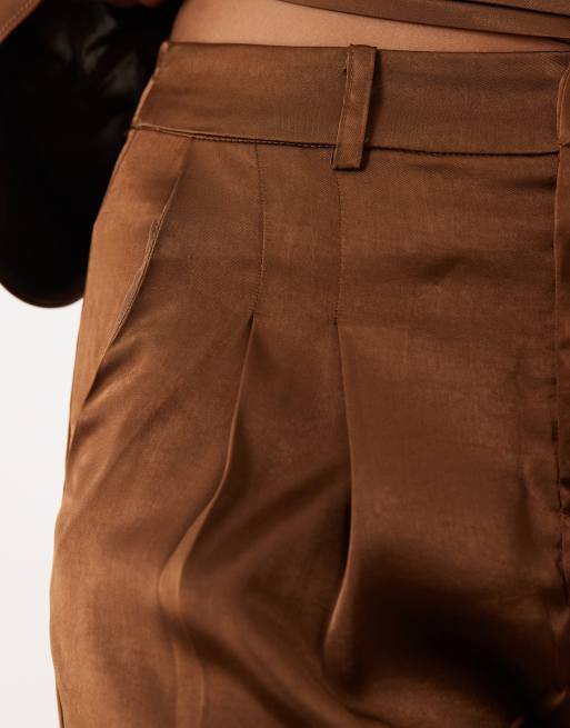 JW PEI exclusive satin wide leg trouser co-ord in chocolate, 3 of 5