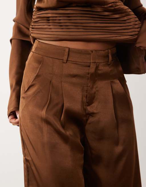JW PEI exclusive satin wide leg trouser co-ord in chocolate, 4 of 5